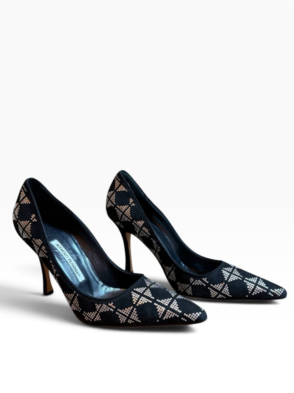 MANOLO BLAHNIK Black Crystal Geometric BB Pumps Suede Stiletto Heels 39.5 US 9.5